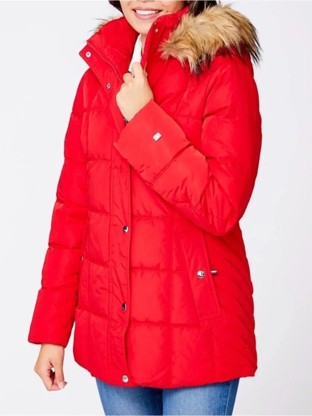 Tommy Hilfiger Red Quilted Puffer Jacket Faux Fur Trim Hooded Full Zip & Snaps L